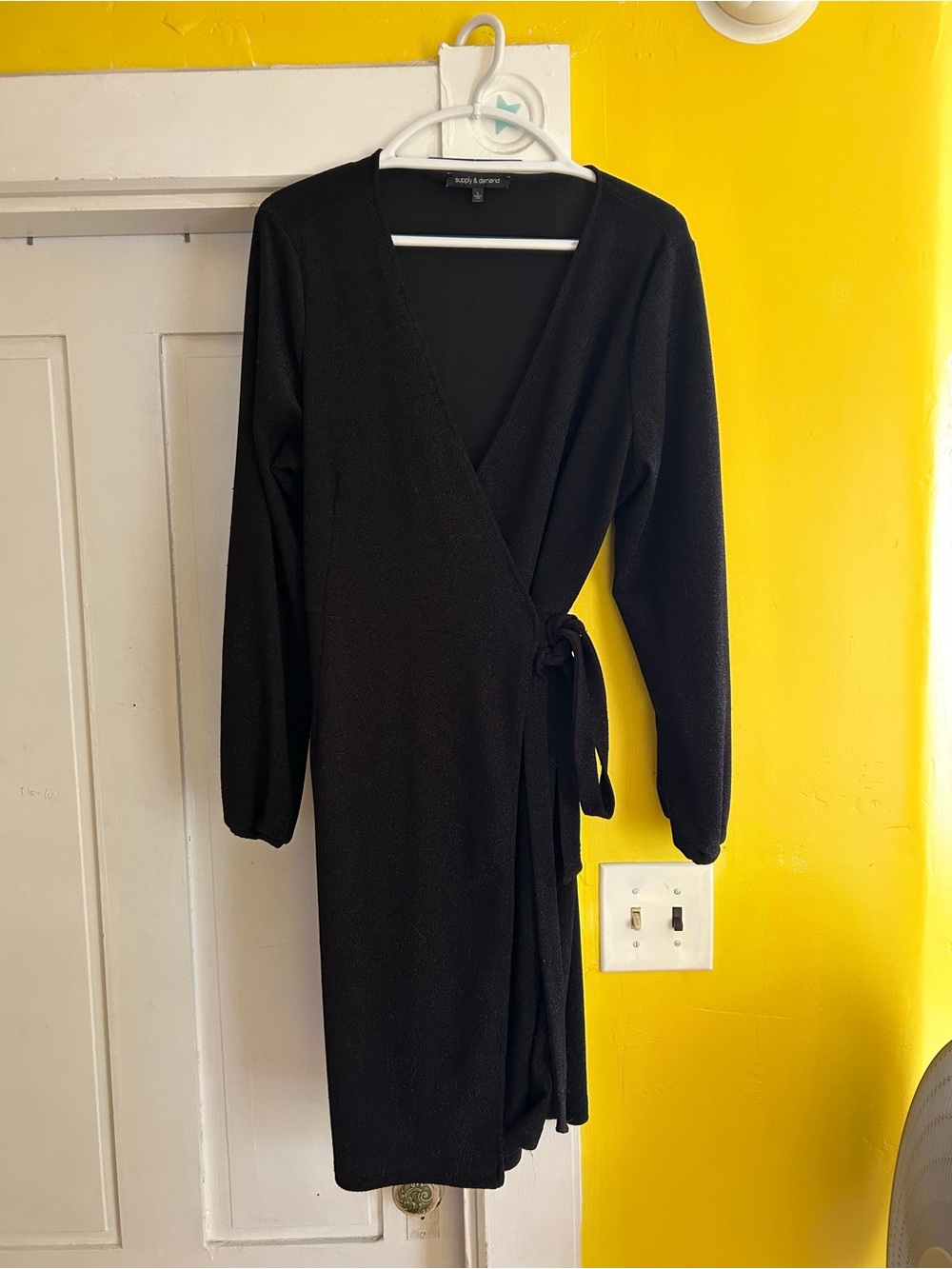 Wrap Front Long Sleeve Dress with Side Tie - Black